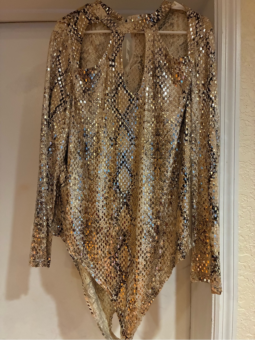 Plus Sized 3X Snake-Print Metallic Bodysuit in Gold and Black- Keyhole Neck-